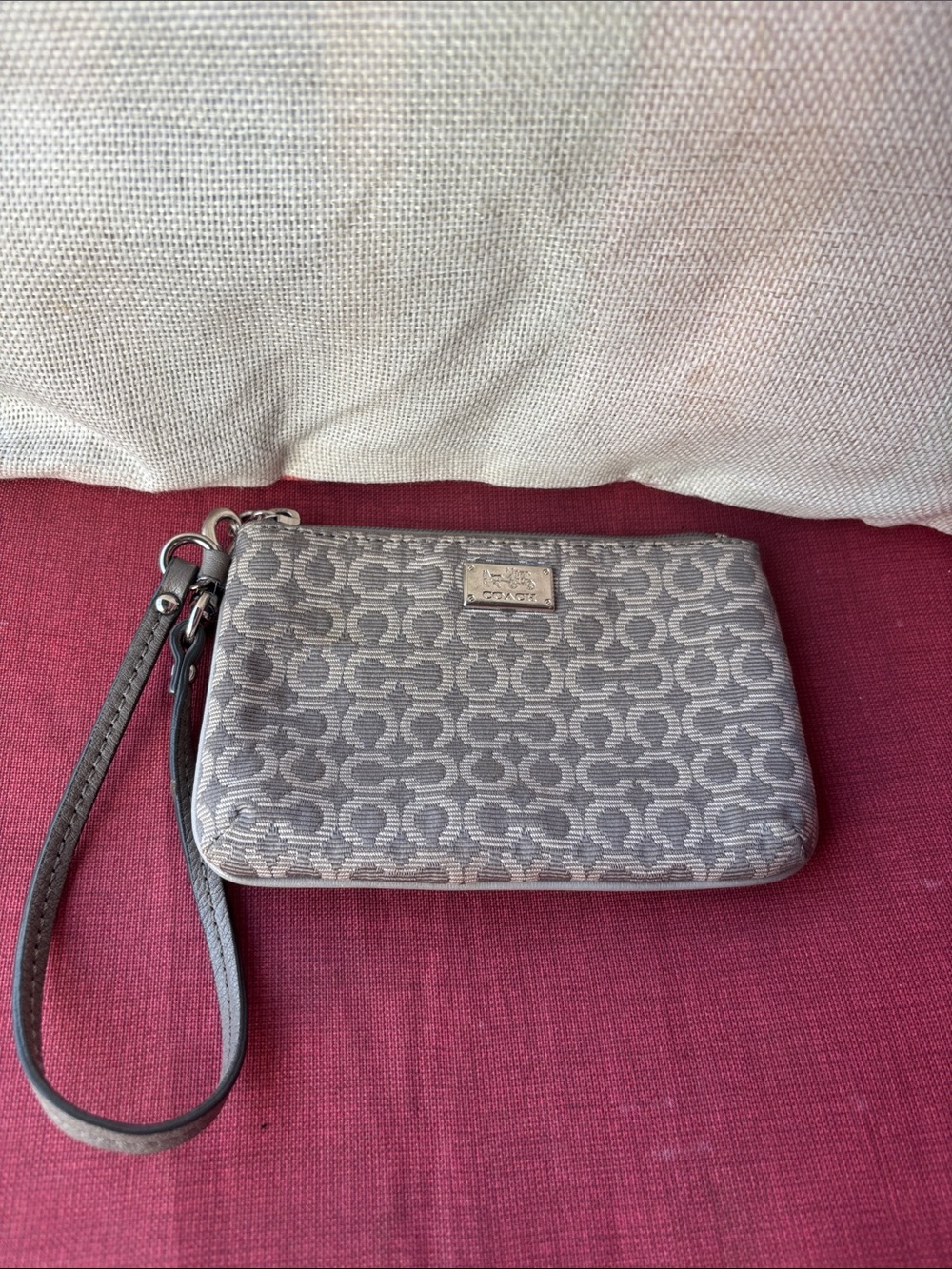 Coach Gray Signature Wristlet Clutch with Logo Plaque